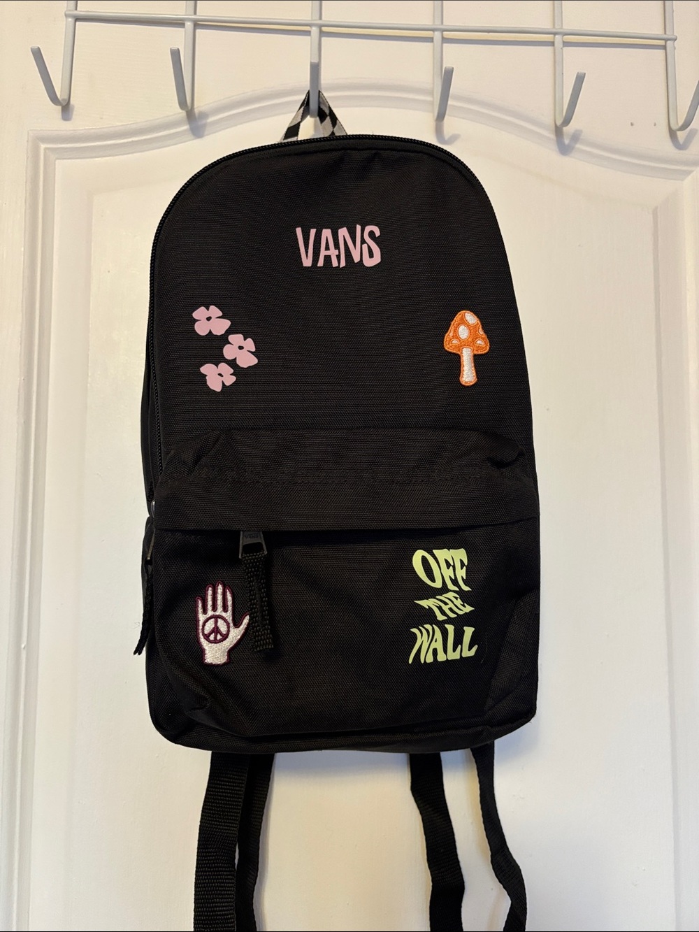 Vans Black Backpack with Pink Logo, Pink Floral & Lime Green 'Off The Wall'